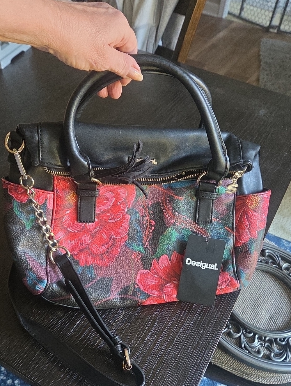 Desigual Black Satchel with Red Floral Print and Chain Strap